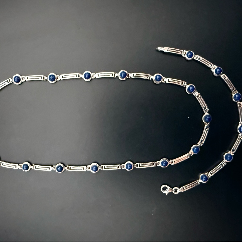 Sterling silver necklace and matching bracelet with lapis lazuli